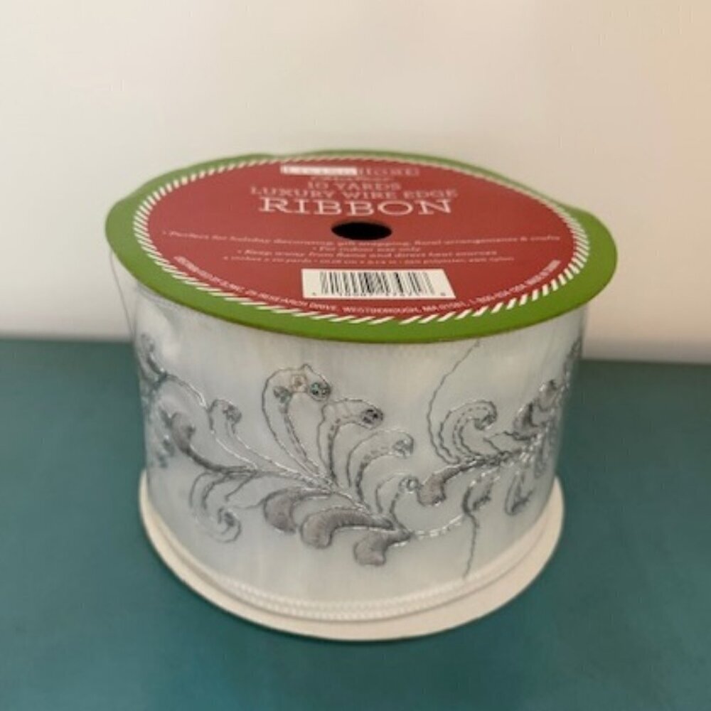 Living Home Christmas Luxury Wire Edge Ribbon White & Silver 4" x 10 Yards New